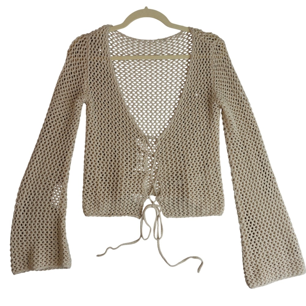 Pookie & Sebastian Crochet Top Womens OS Beige Lace Up Bell Sleeve Boho Festival